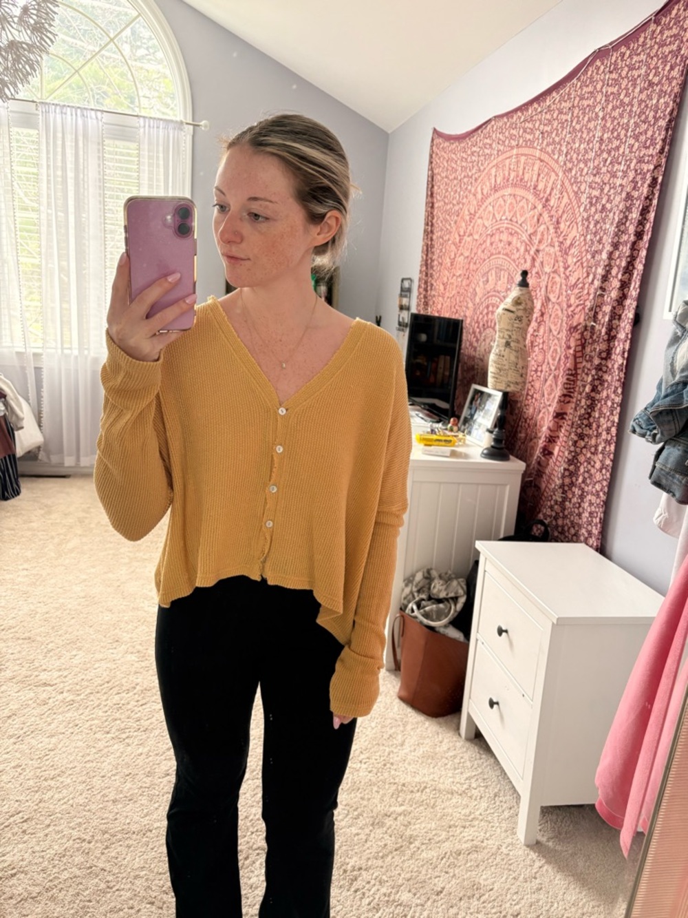 Urban Outfitters Courtney Slouchy Textured Waffle Knit Cardigan Yellow Mustard